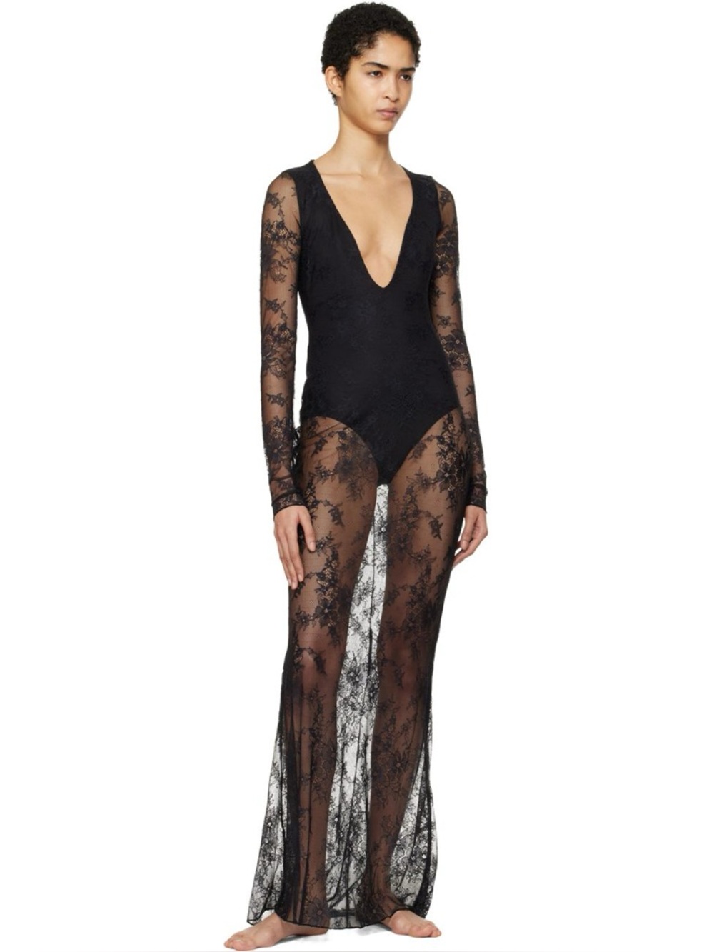 Skims Ultra Fine Lace Plunge Long Maxi Dress Onyx Medium
